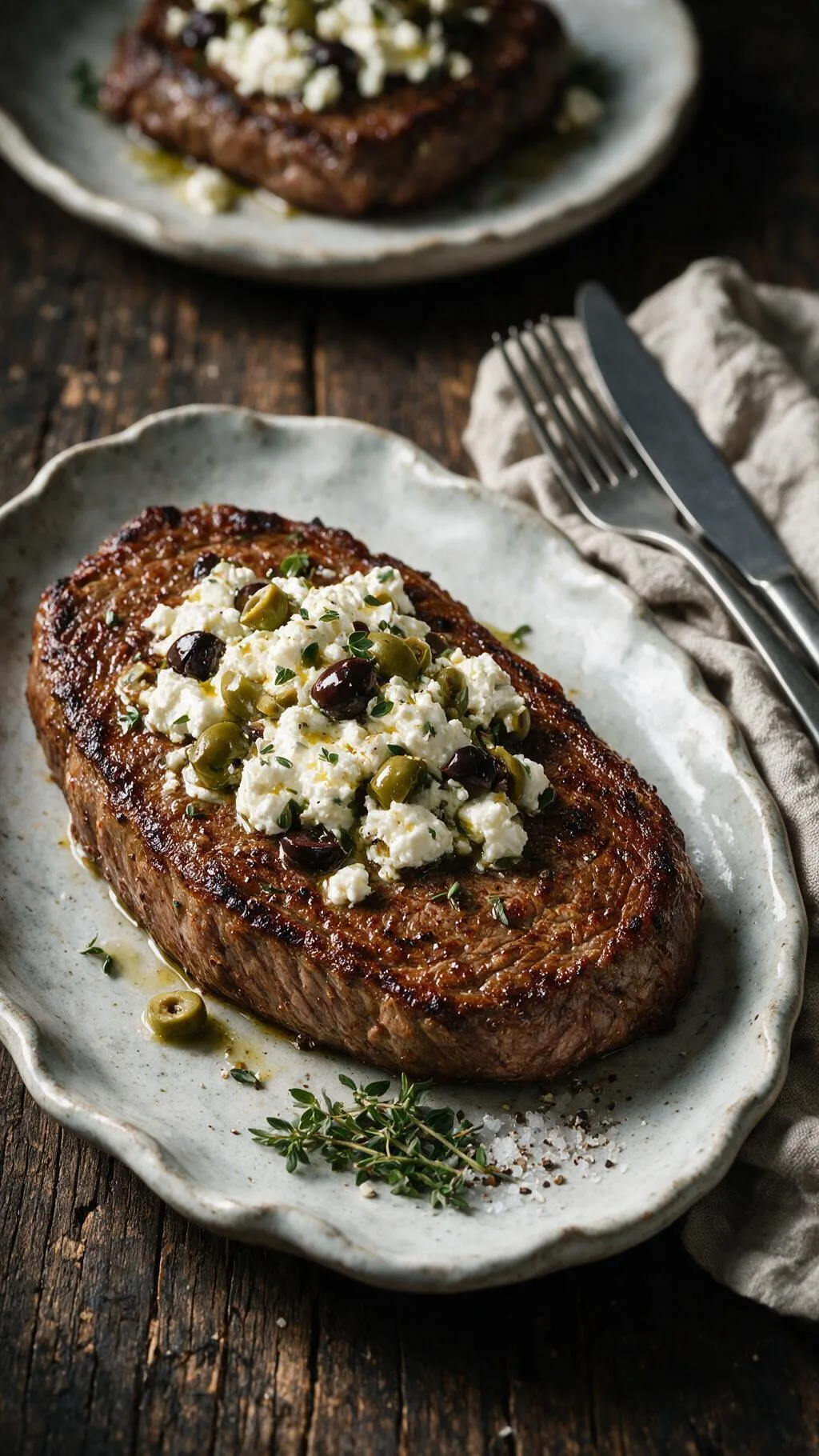 Rindersteak mit Feta und Oliven