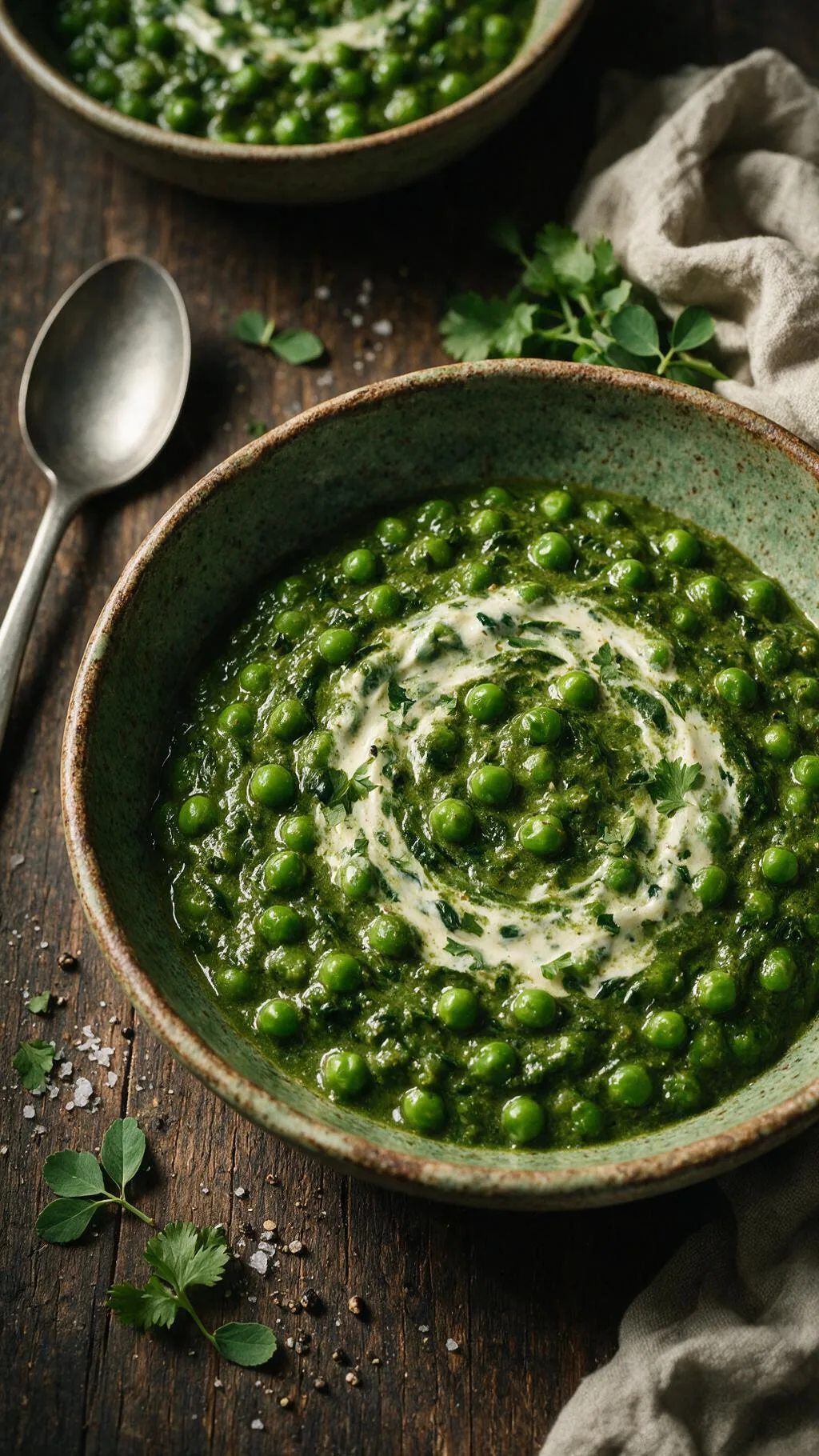 Grüne Erbsen mit Spinat-Bockshornklee-Sauce