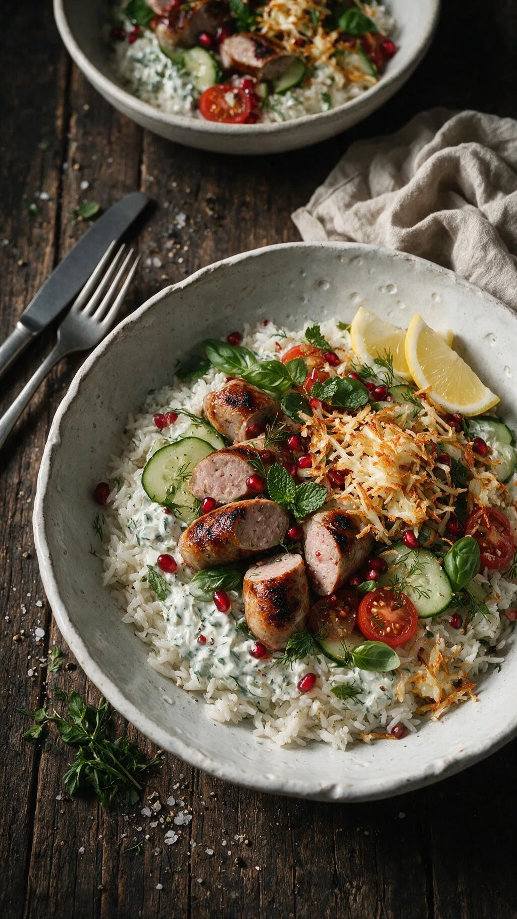 Reisschale mit Hähnchenwurst