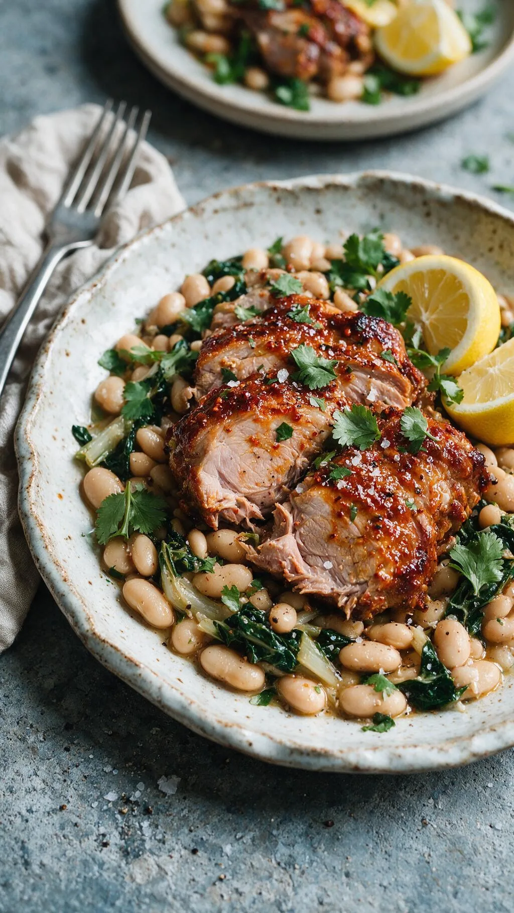 Harissa-Schweineschulter mit Bohnen