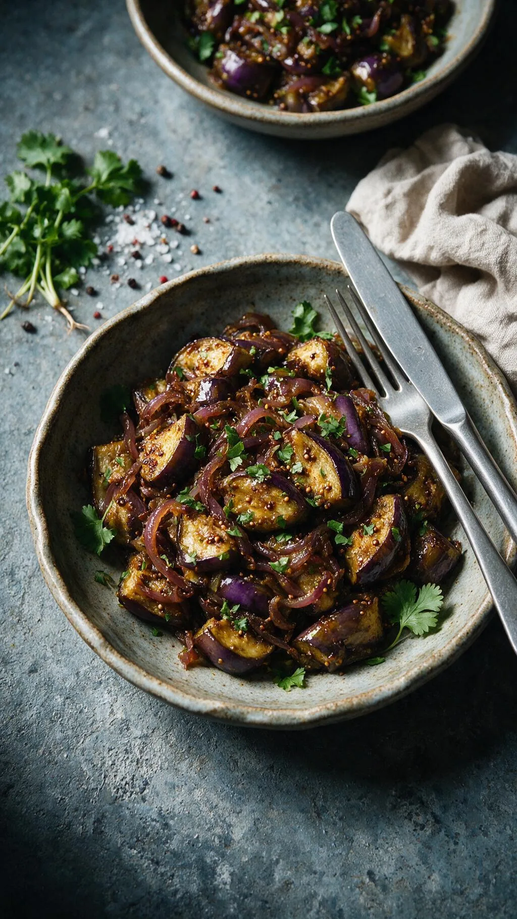 Gebratene Aubergine mit Zwiebel