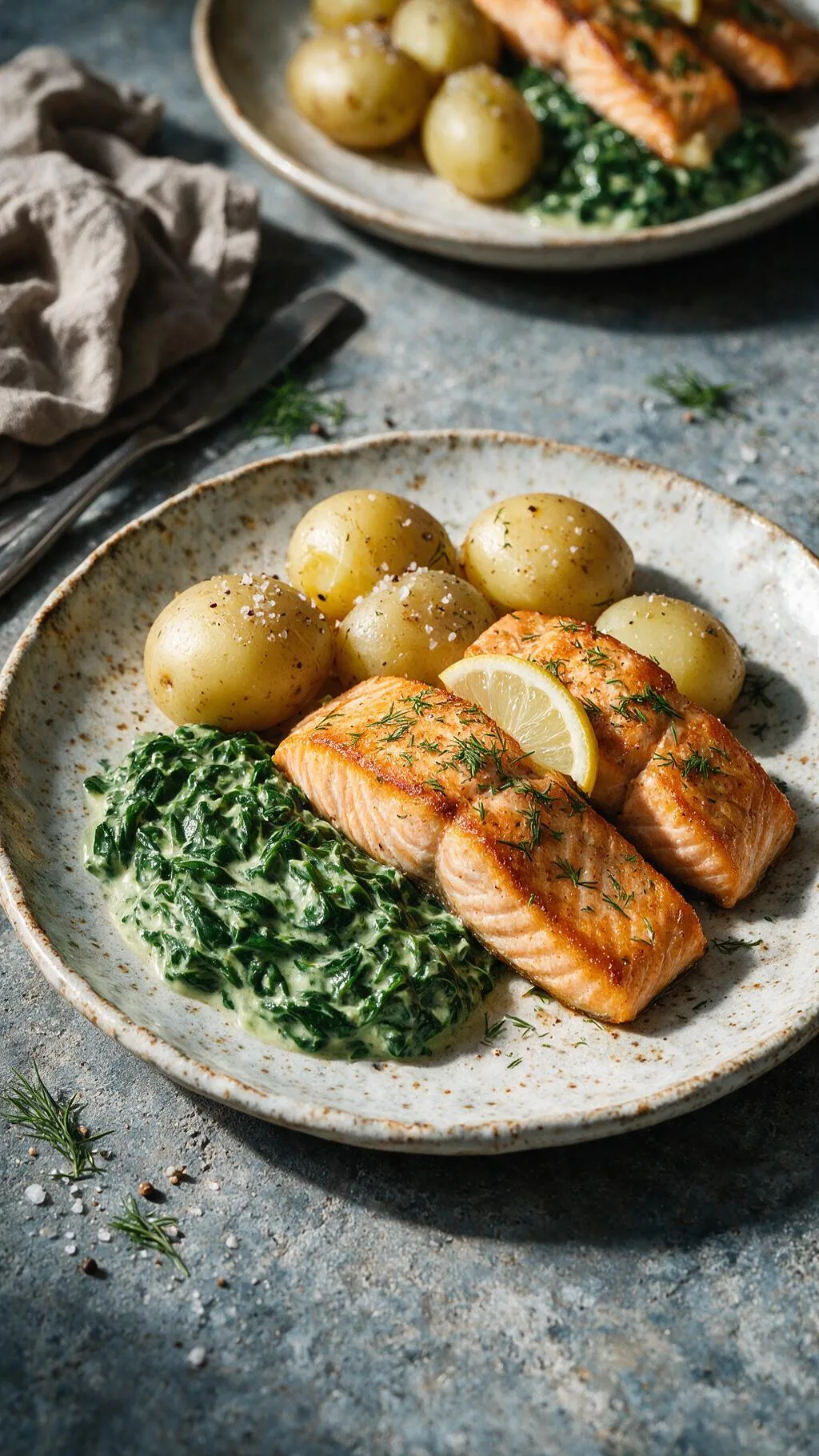 Lachs mit Rahmspinat und Kartoffeln
