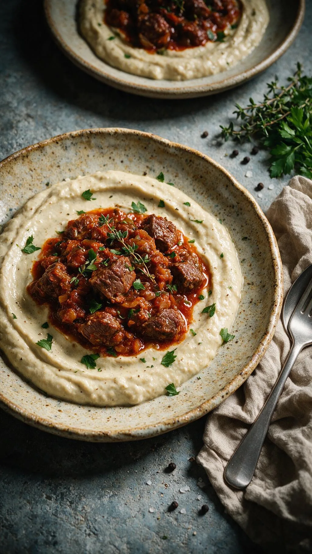 Lammragout mit Auberginencreme