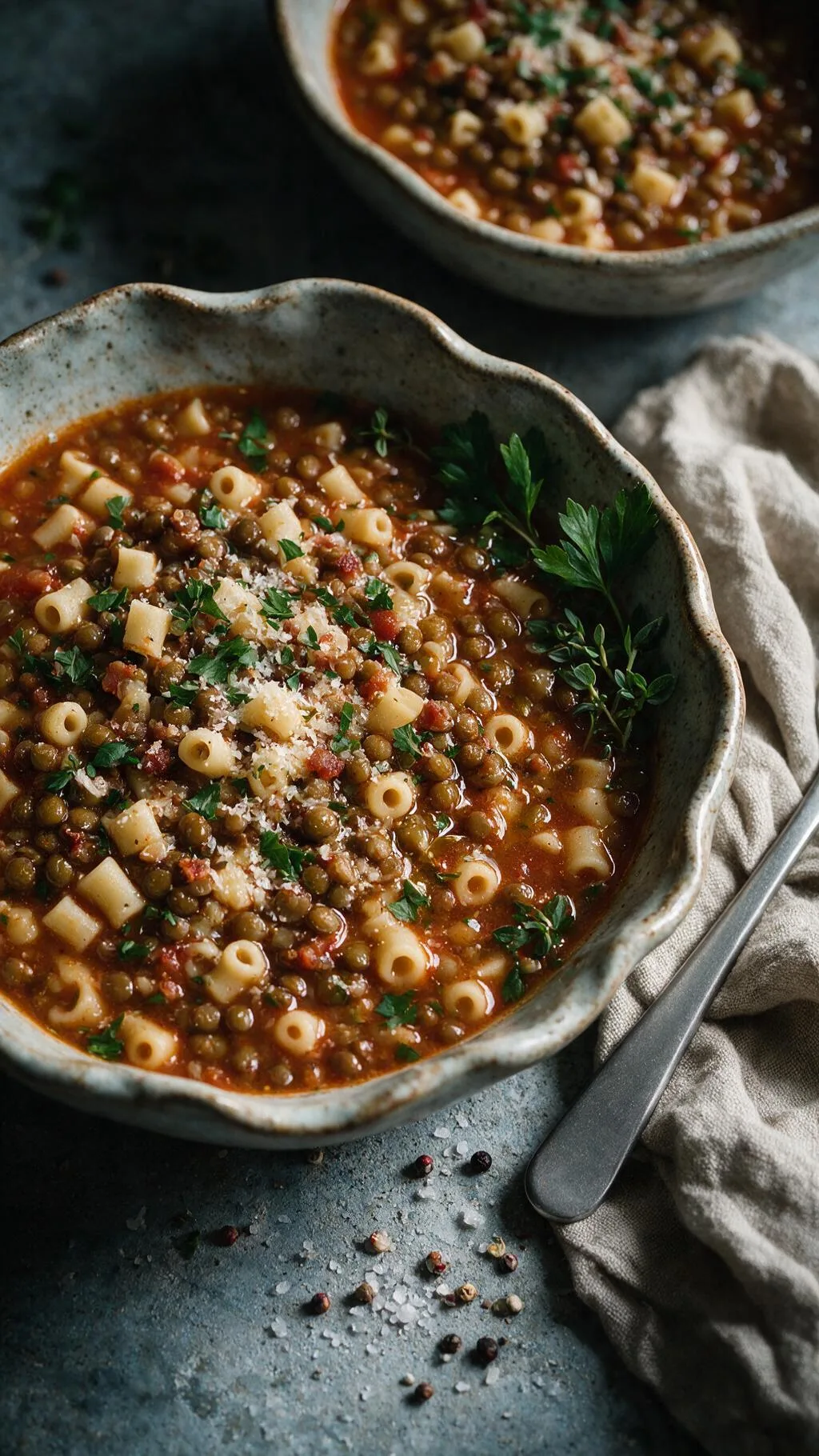 Linsensuppe mit Speck und Nudeln