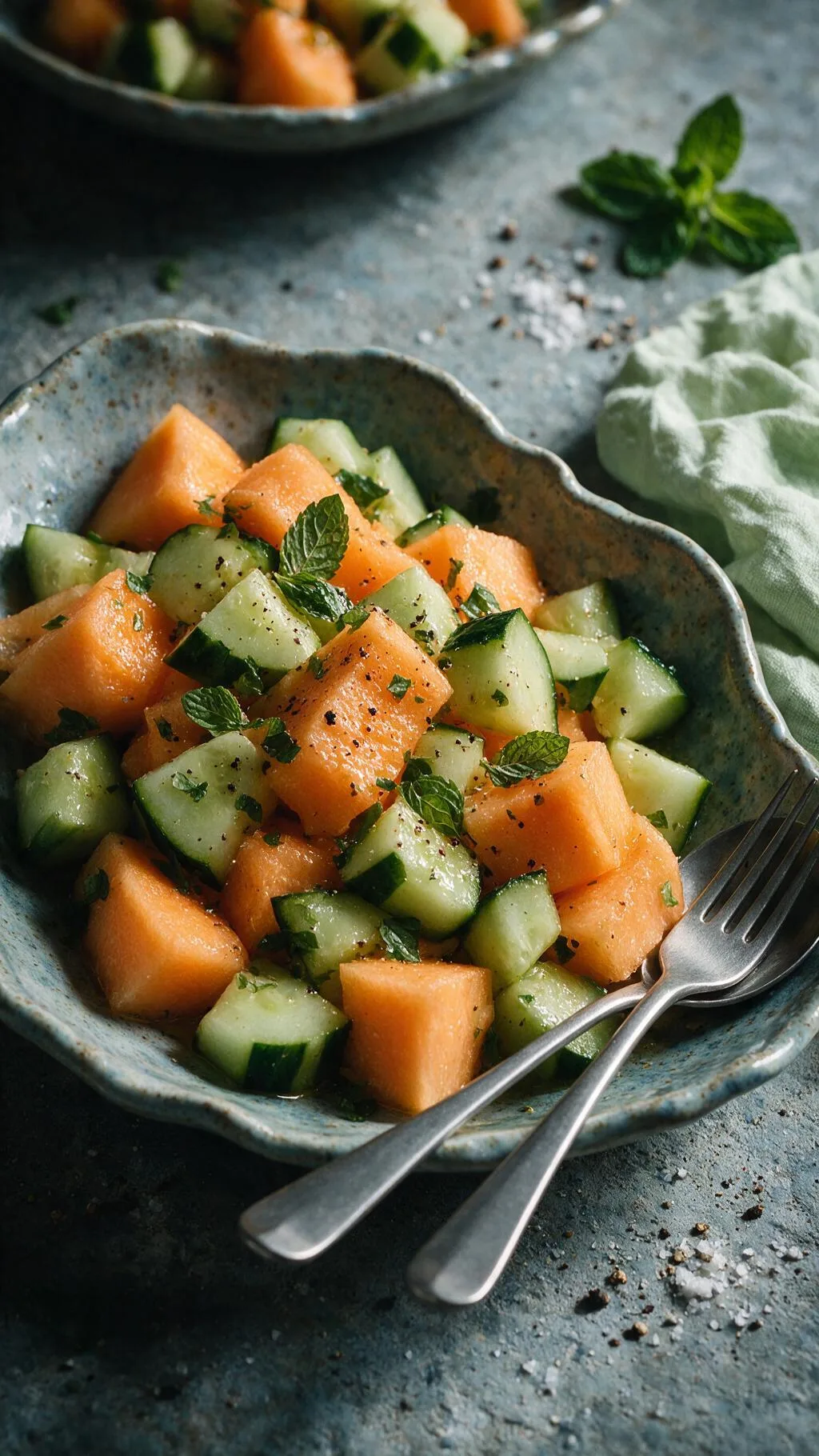 Melonen- und Gurkensalat mit schwarzem Pfeffer und Minze