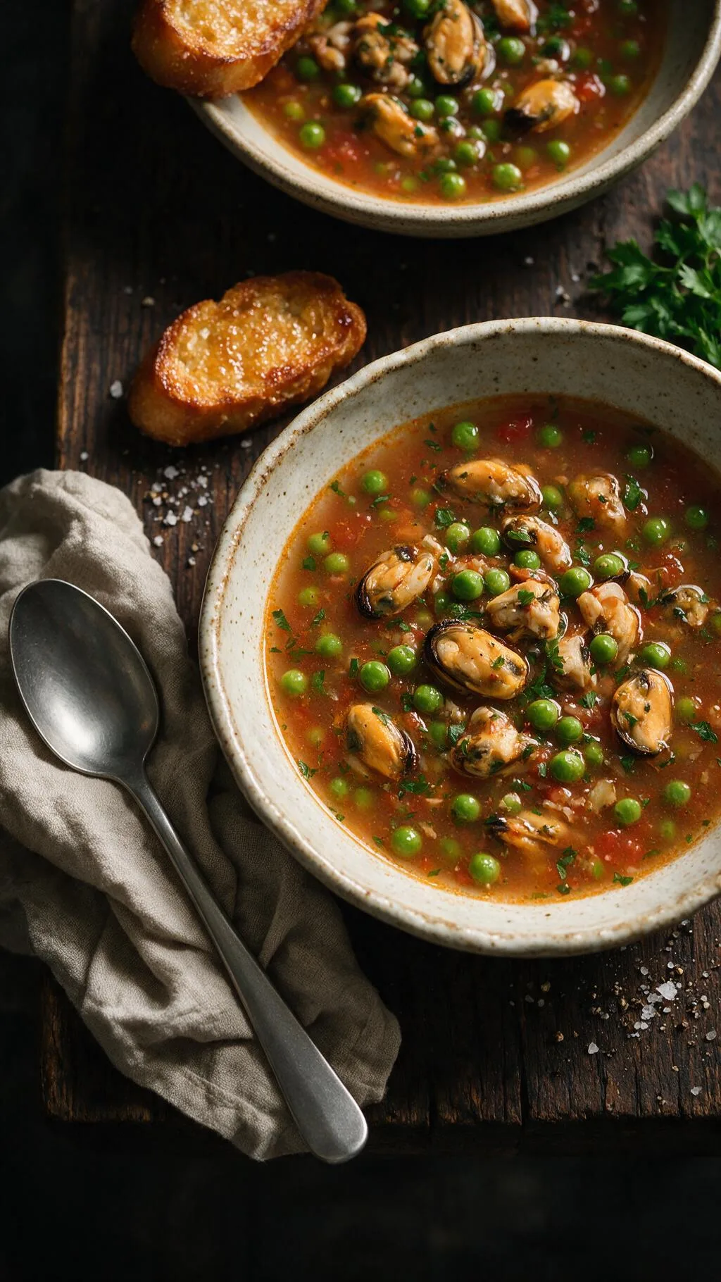 Muschel- und Erbsensuppe