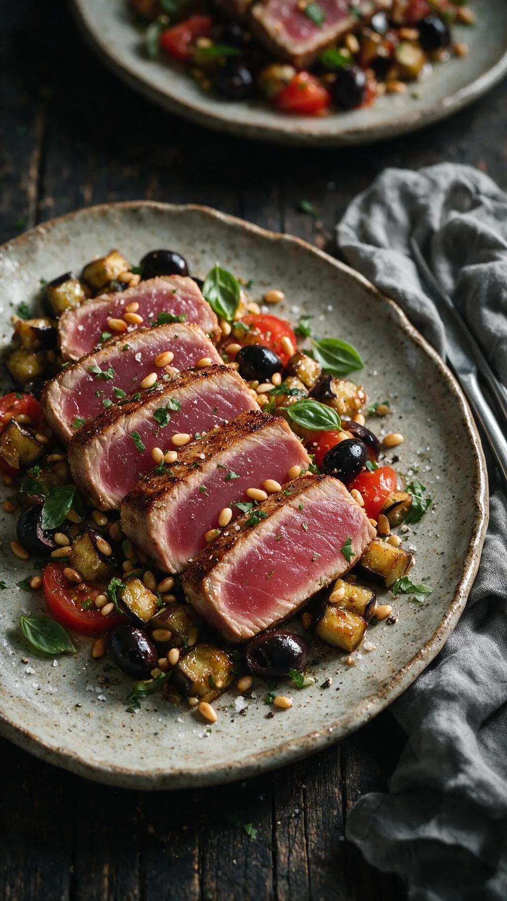 Thunfisch mit Aubergine und Pinien