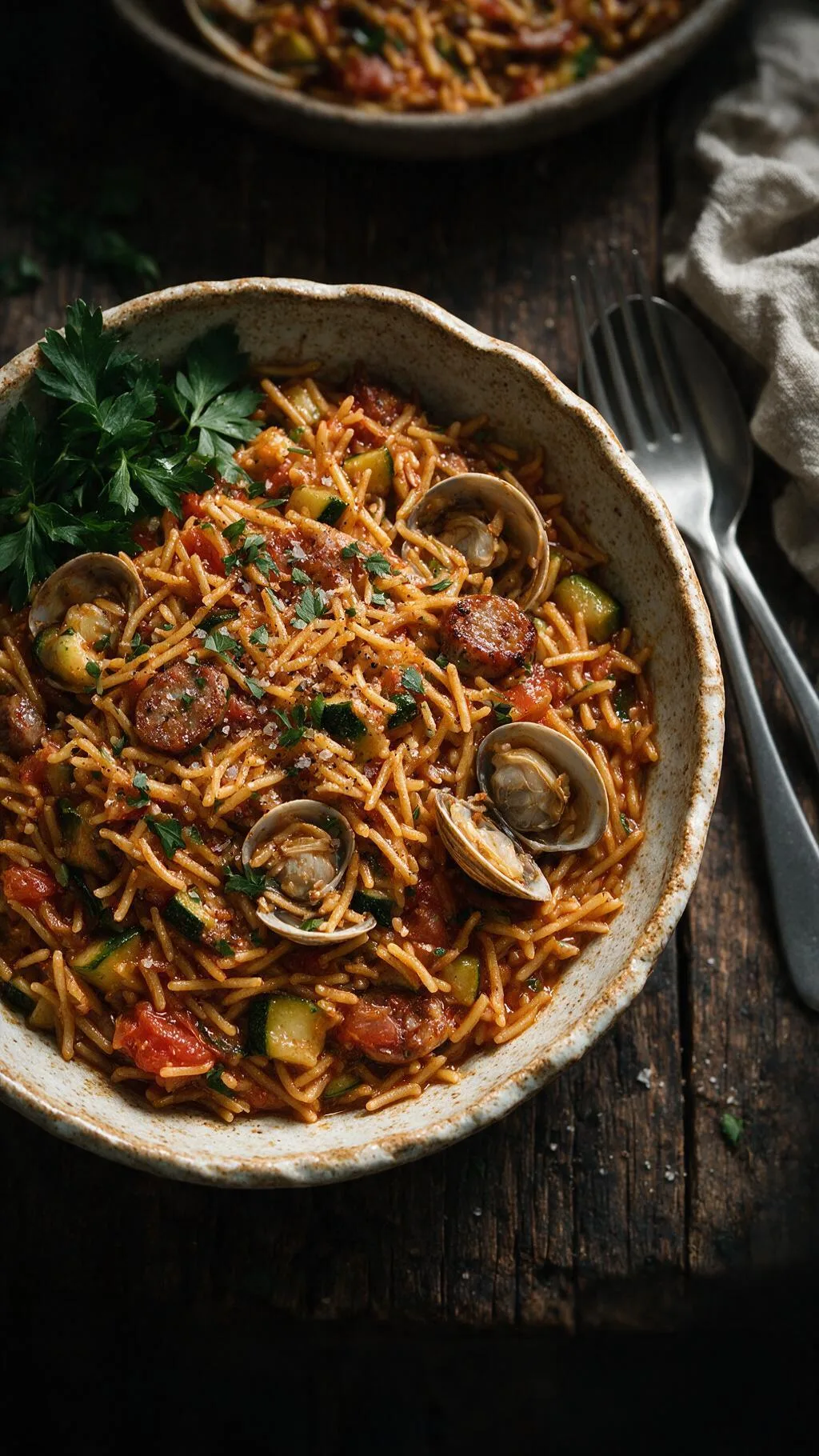 Pasta-Paella mit Muscheln und Wurst