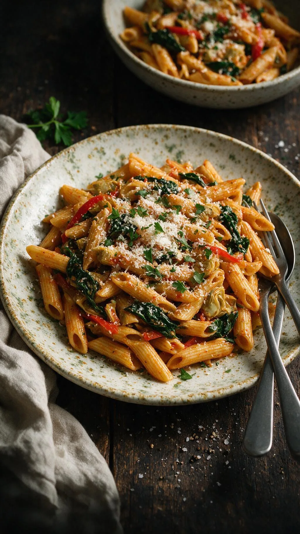 Penne mit Spinat und Artischocken