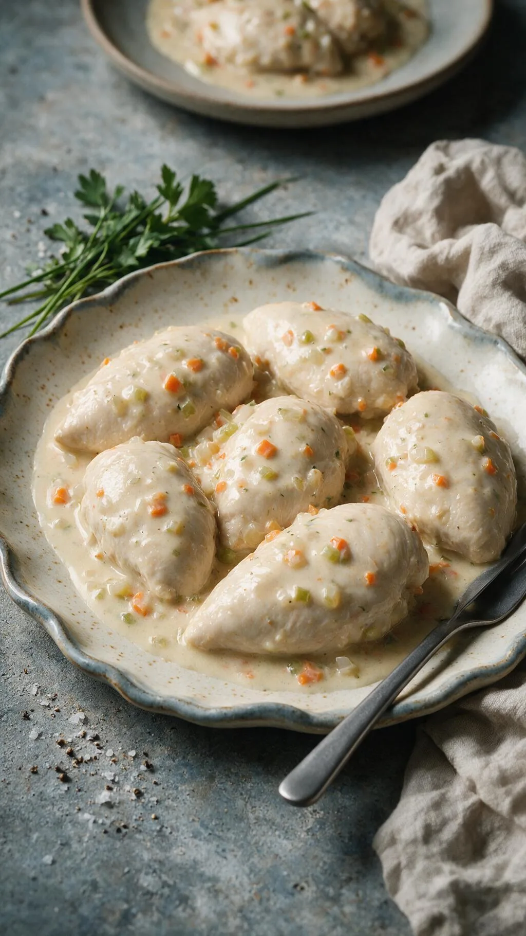 Pochierte Hähnchenbrust in Sahnesauce
