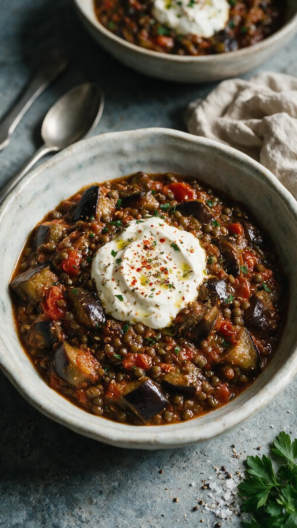 Puy-Linsen-Eintopf mit Aubergine