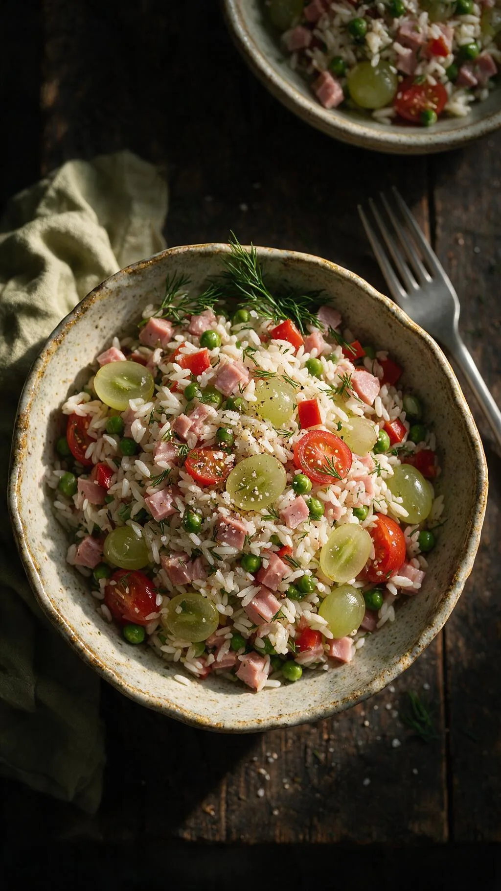 Reissalat mit Schinken und Trauben
