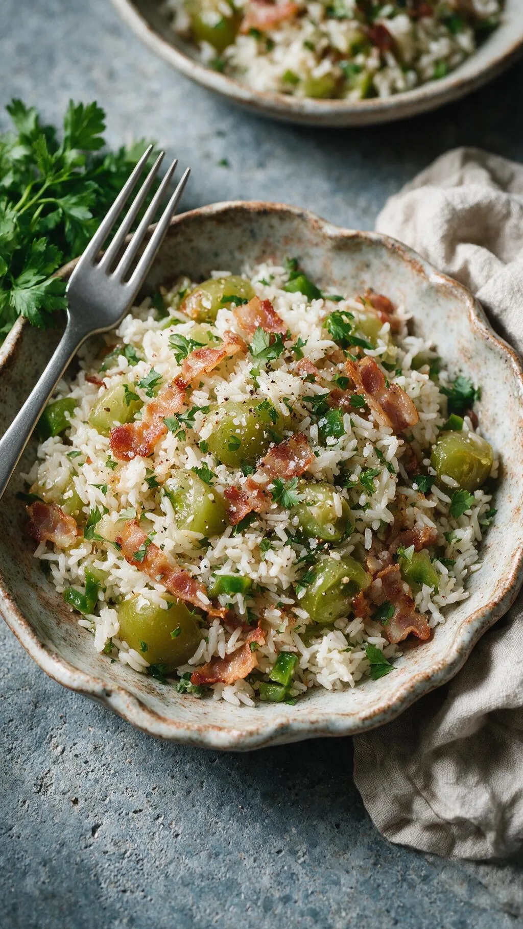 Speck-Reispfanne mit grünen Tomaten