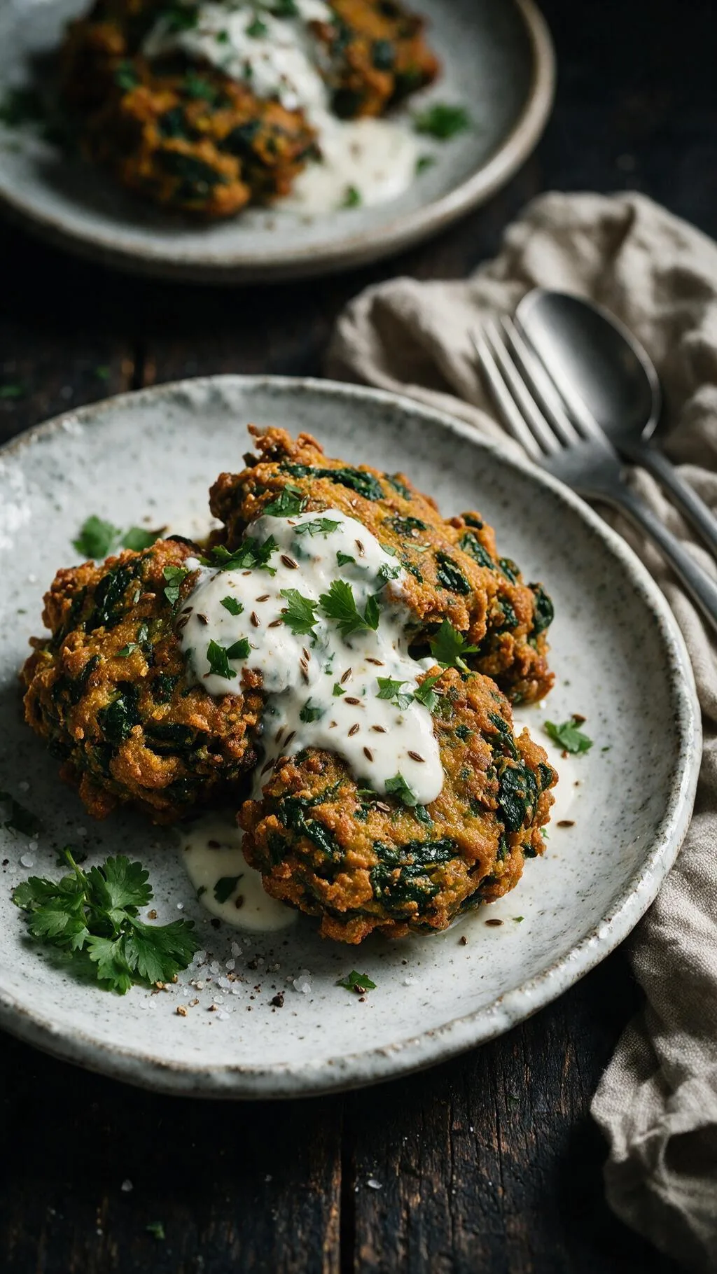 Spinat-Fritters in Joghurt-Sauce