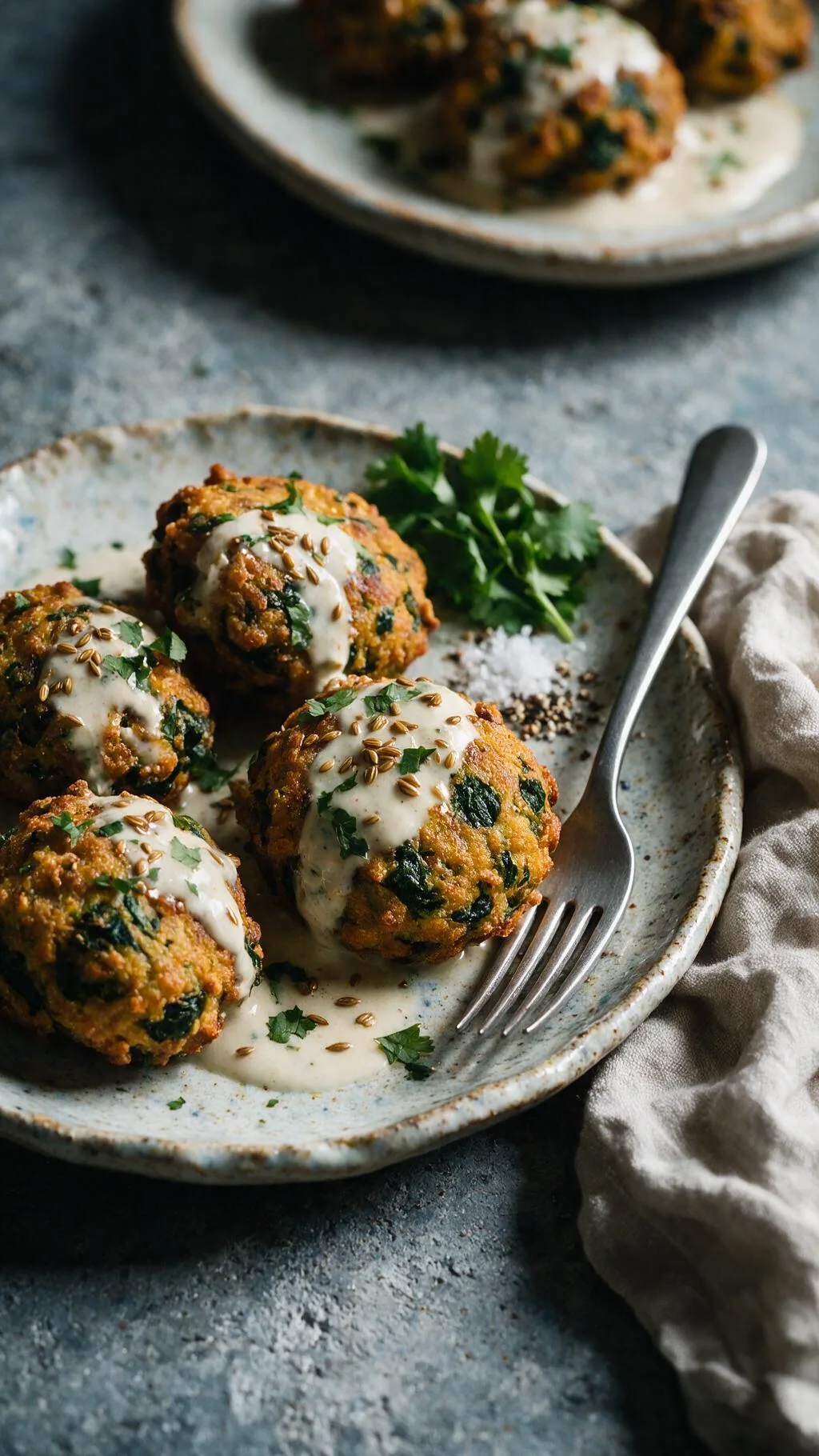 Spinat-Krapfen in Joghurt-Sauce