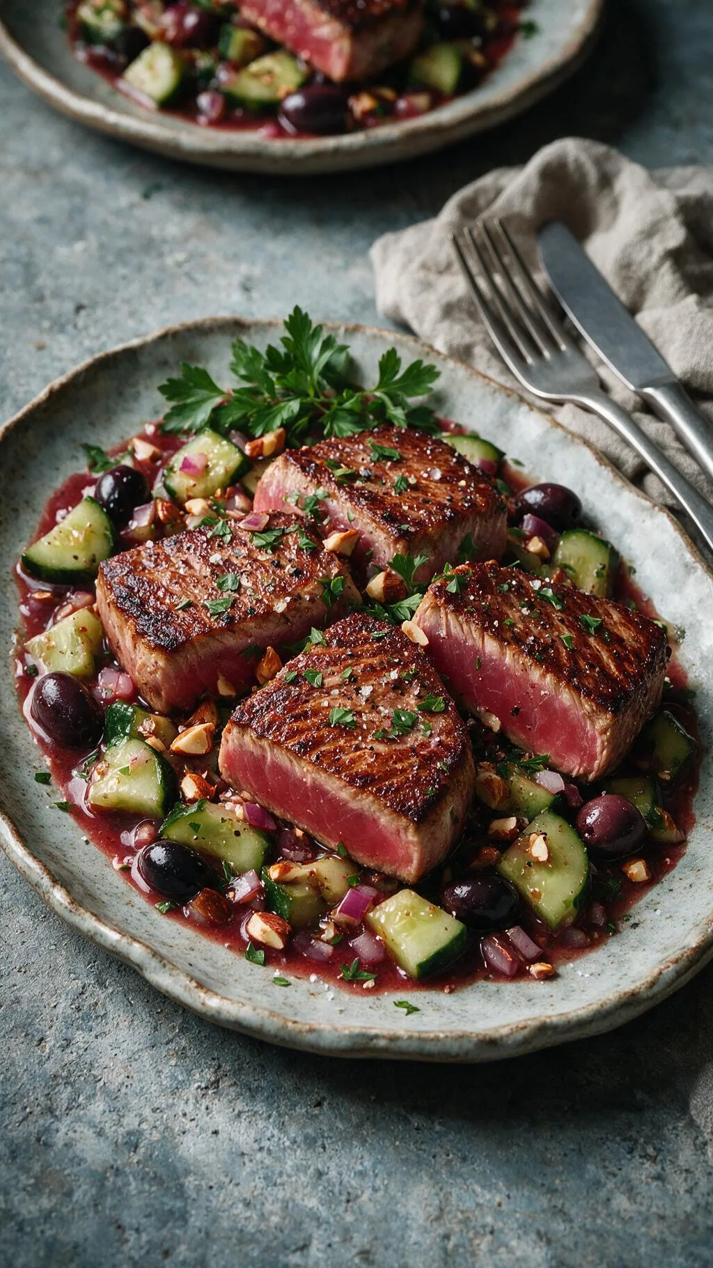 Thunfischsteak mit Gurkengemüse